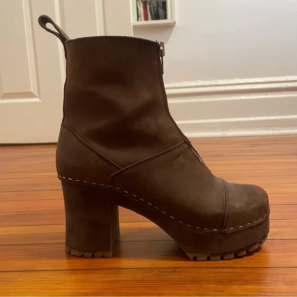 Swedish Hasbeens Zip Front Platform Clog Boot Scandi Size 41 Women Brown Nubuck - Picture 8 of 12